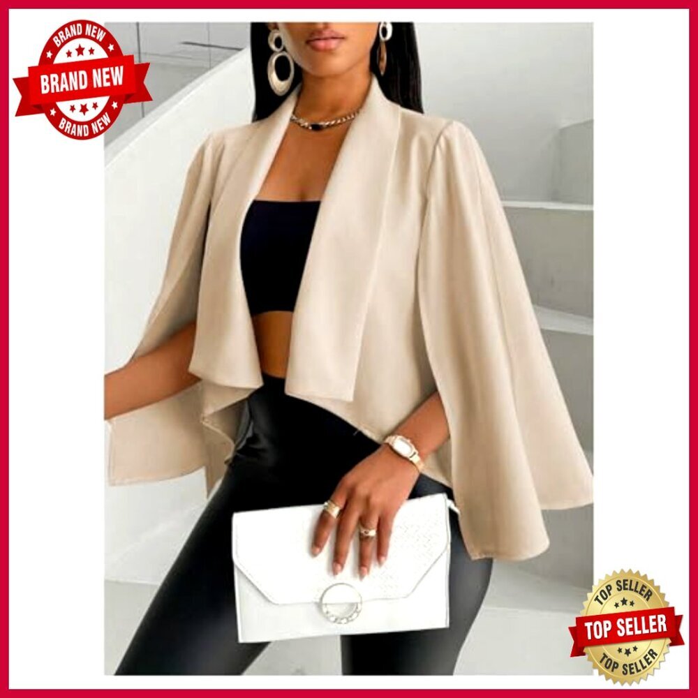 Cropped Cape Sleeve Blazer Jacket Open Front Lightweight Polyester Business - Picture 2 of 6